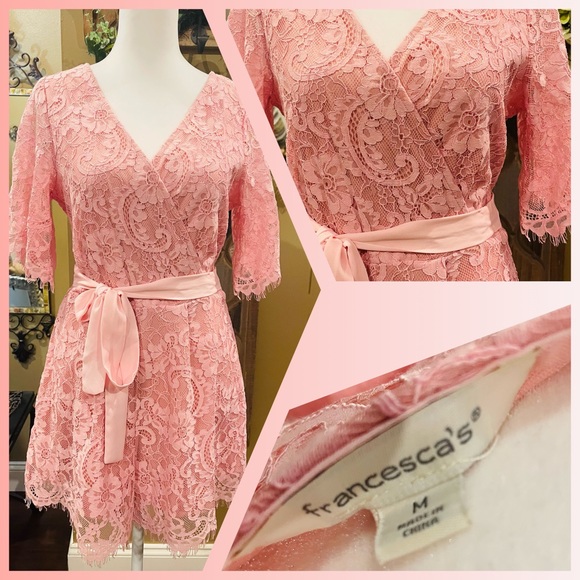 Francesca's pink lace romper long sleeve and shorts with belt and ties in back. - Picture 6 of 7